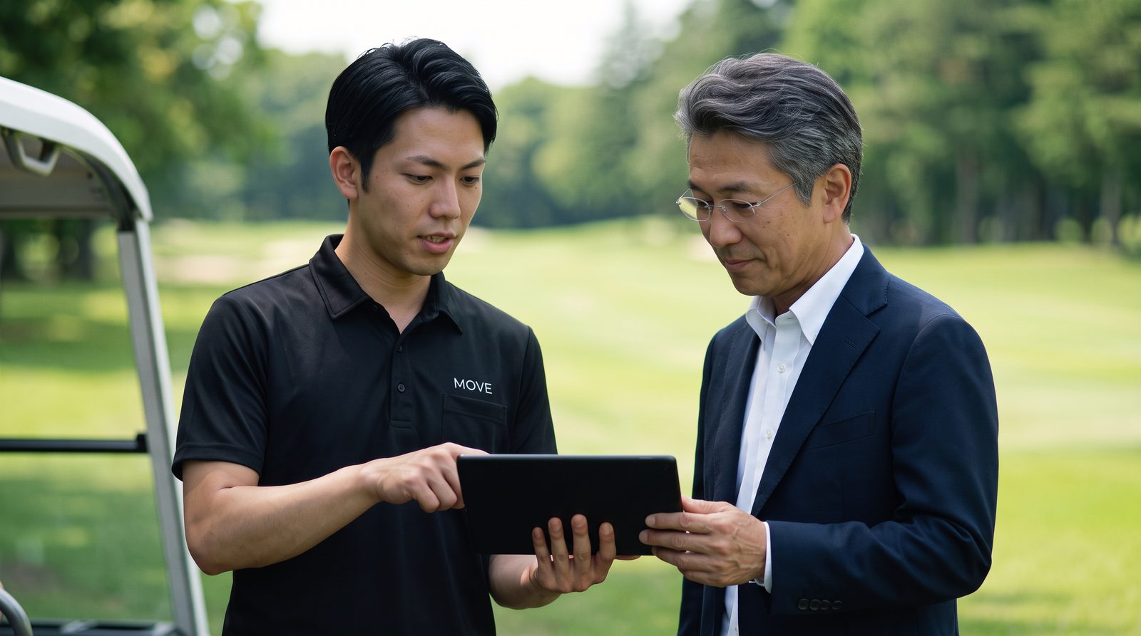 MOVEのスタッフが、タブレットでゴルフ場の支配人に収支の例を見せている